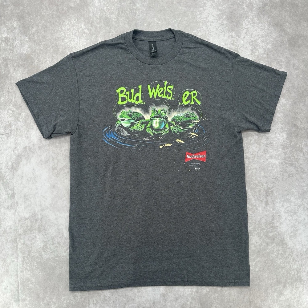 Budweiser 3 Frog Reprint Shirt Men's Medium Dark Gray Gildan